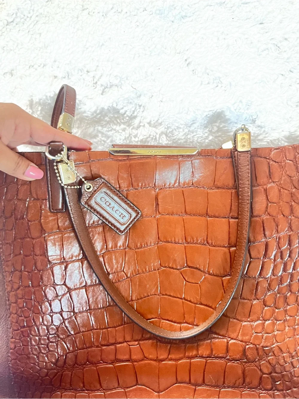 Coach Croc-Embossed Leather Tote in Cognac Brown - Picture 2 of 13